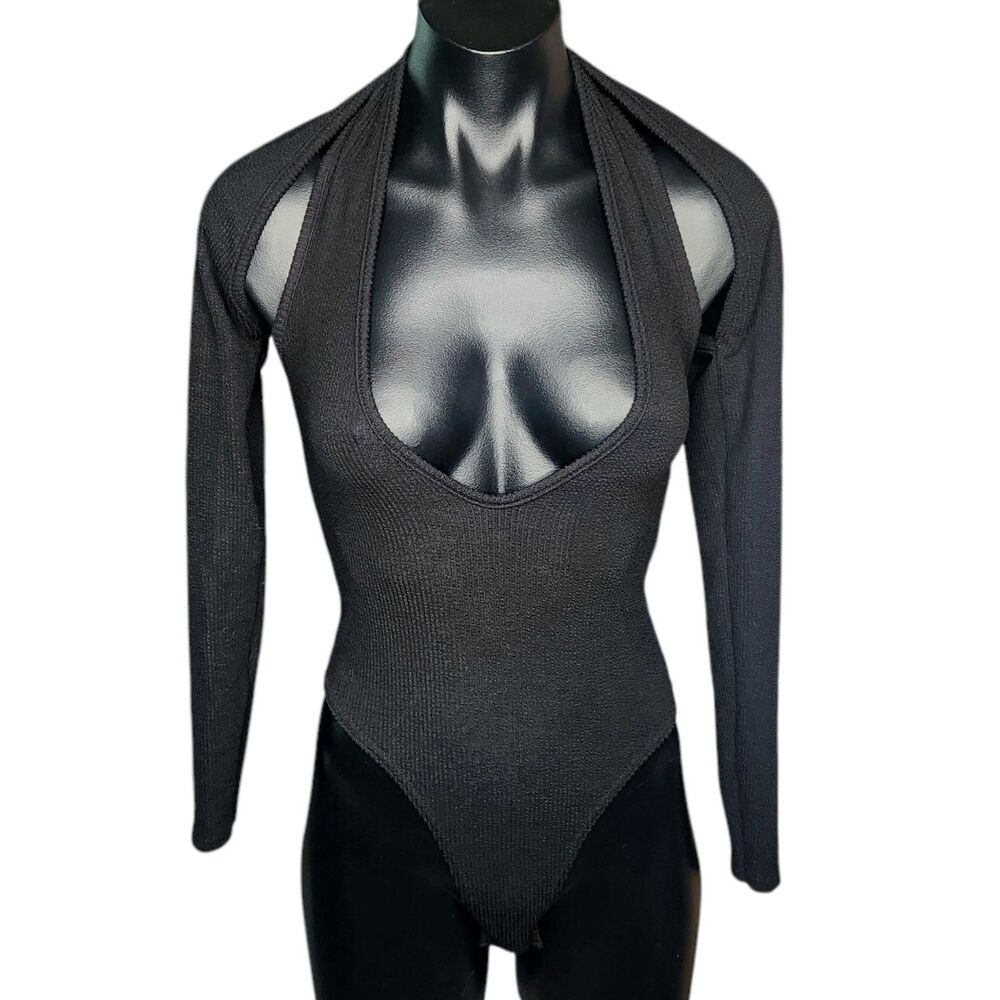 Womens Body Suit Black Top Small Gyaru Long Sleeve Connection in Back TAGS